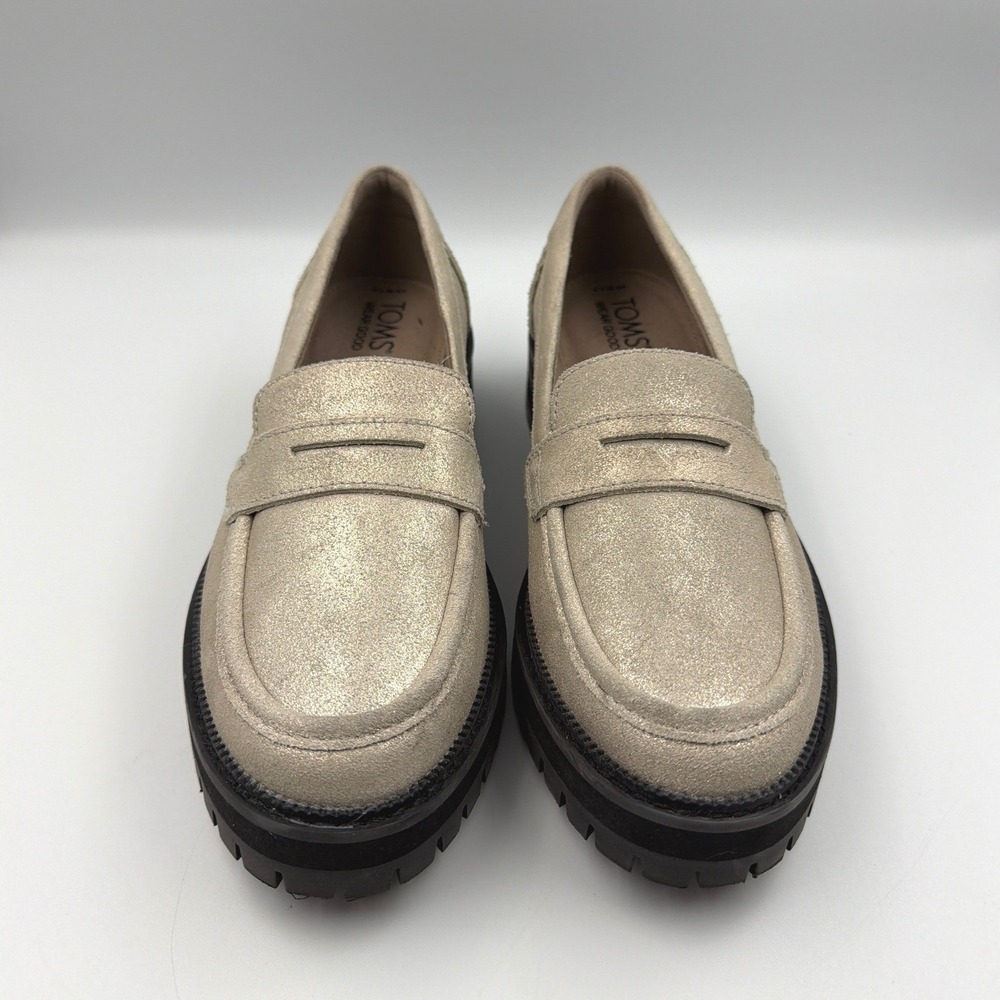 TOMS Silver Shimmer Lug Sole Casual Platform Cara Loafer Shoes Womens Size 7.5